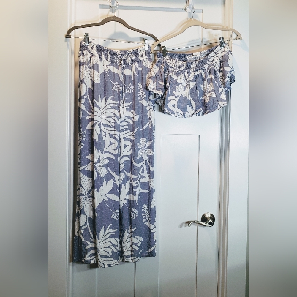 Kiwi & Punch 2 Piece Crop Top & Pants Wide Leg Ankle Size Medium Blue & …